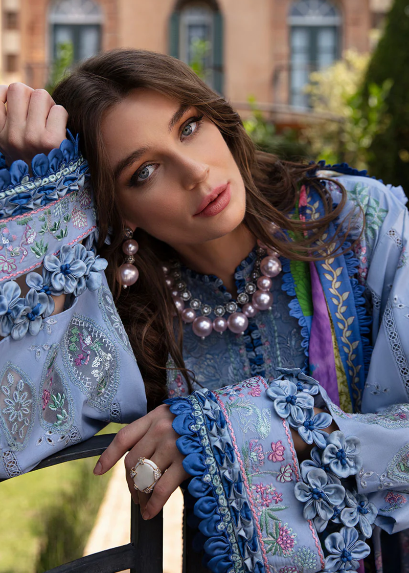 Republic Womens Wear Luxury Lawn | Sky Blue | Unstitched | Party wear | Printed silk dupatta | D1-B - Image 2