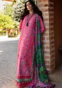 Republic Womens Wear Luxury Lawn | Coral Pink | Unstitched | Party wear | Printed silk dupatta | D1-A