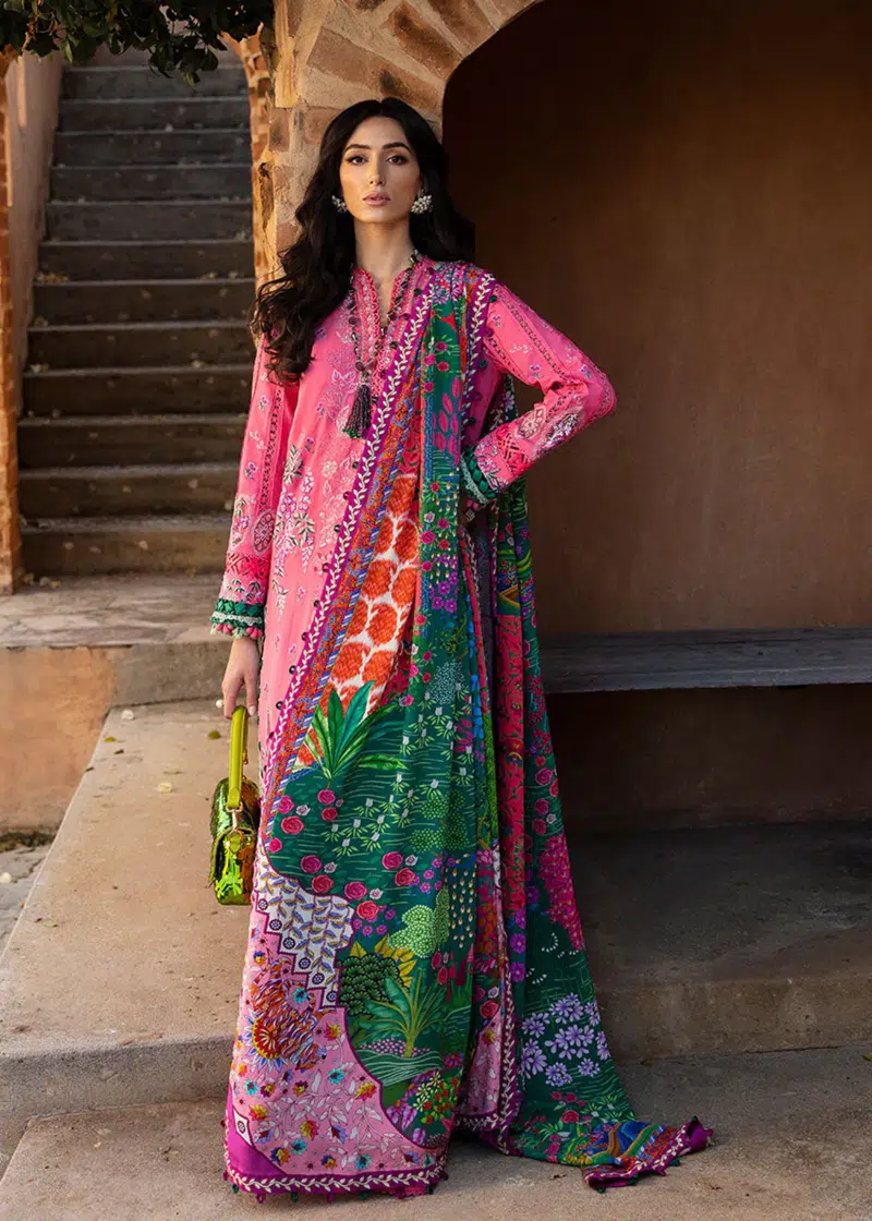 Republic Womens Wear Luxury Lawn | Coral Pink | Unstitched | Party wear | Printed silk dupatta | D1-A - Image 2