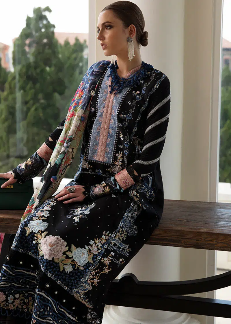 Republic Womens Wear Luxury Lawn | Black | Unstitched | Party wear | Printed silk dupatta | D2-A - Image 3
