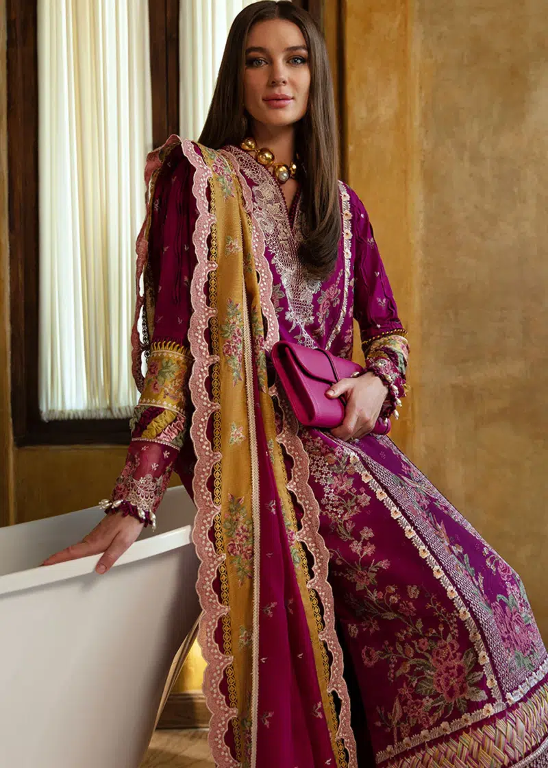 Republic Womens Wear Luxury Lawn | Burgundy | Unstitched | Party wear | Printed silk dupatta | D6-A - Image 2