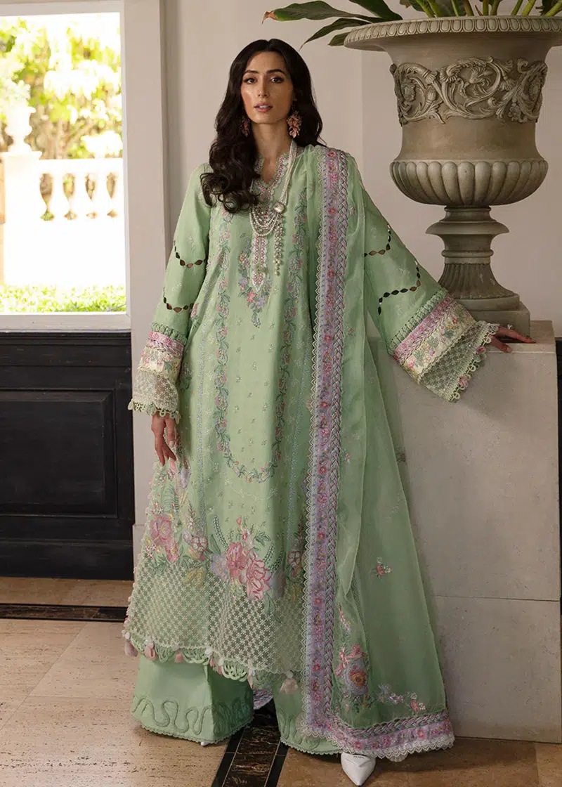 Republic Womens Wear Luxury Lawn | Sea Green | Unstitched | Party wear | Printed silk dupatta | D7-A