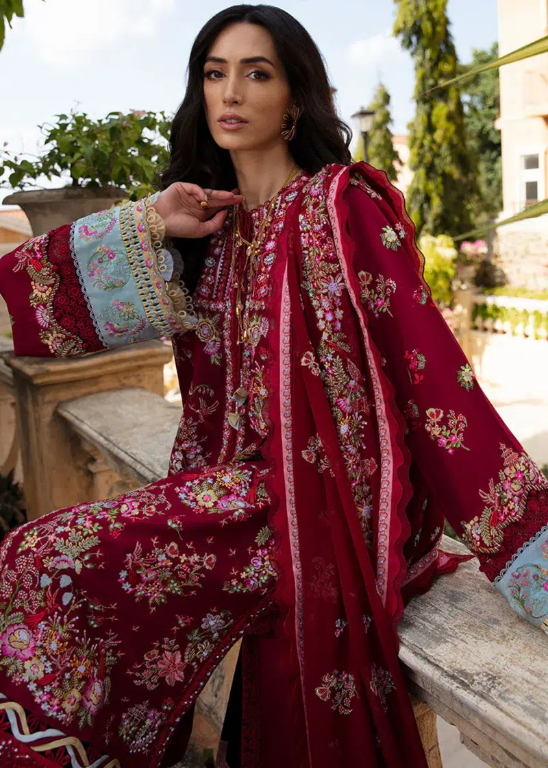 Republic Womens Wear Luxury Lawn | Maroon | Unstitched | Party wear | Printed silk dupatta | D8-A - Image 3