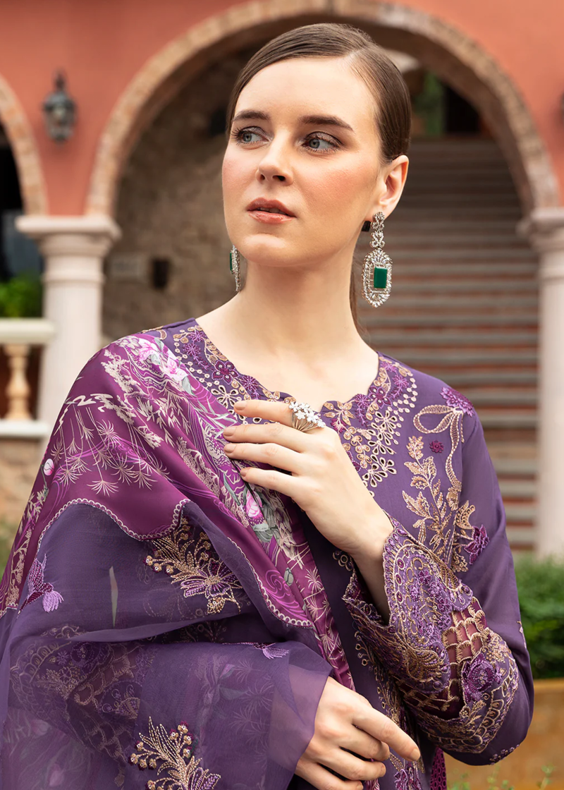 Ramsha Andaaz Luxury Lawn | Dark Purple | Unstitched | Party wear | Digital printed silk dupatta | Z-807 - Image 2
