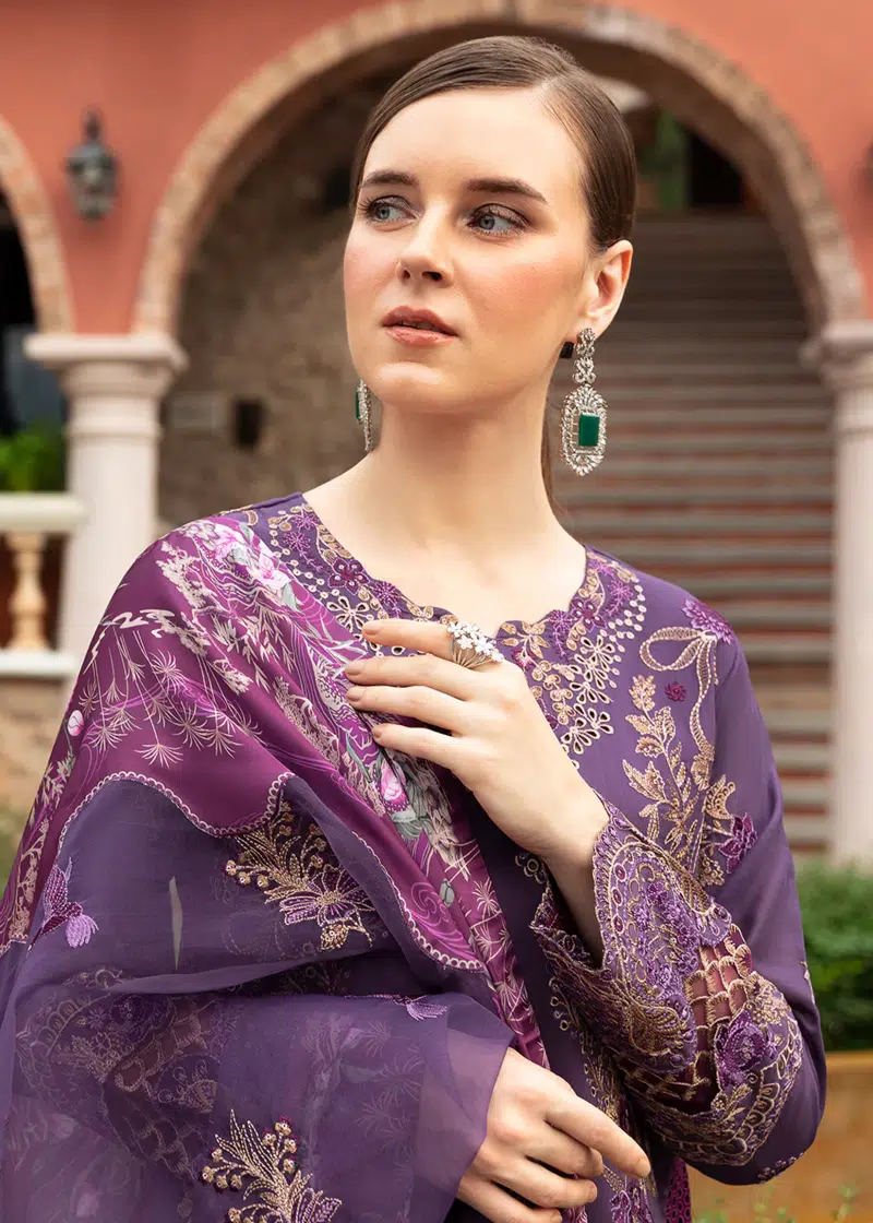 Ramsha Andaaz Luxury Lawn | Dark Purple | Unstitched | Party wear | Digital printed silk dupatta | Z-807 - Image 2