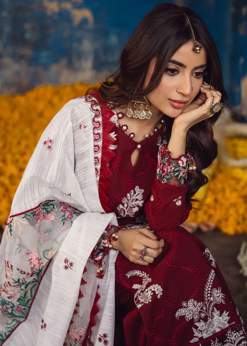 Sahane Sahakari Luxury Lawn | Maroon | Unstitched | Party wear | Cotton Net Dupatta | CT10001 Gulaab - Image 3