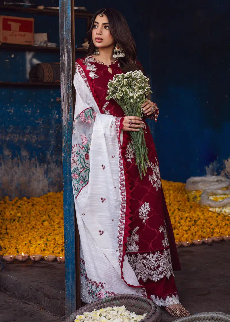 Sahane Sahakari Luxury Lawn | Maroon | Unstitched | Party wear | Cotton Net Dupatta | CT10001 Gulaab - Image 4