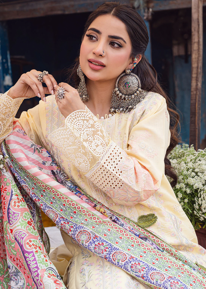 Sahane Sahakari Luxury Lawn | Yellow | Unstitched | Party wear | Cotton Net Dupatta | CT10003 Zaanat - Image 3