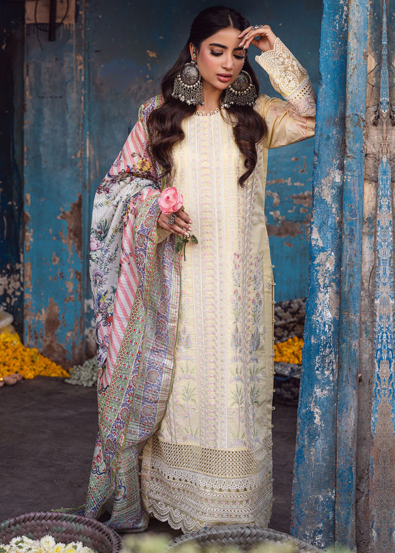 Sahane Sahakari Luxury Lawn | Yellow | Unstitched | Party wear | Cotton Net Dupatta | CT10003 Zaanat - Image 4