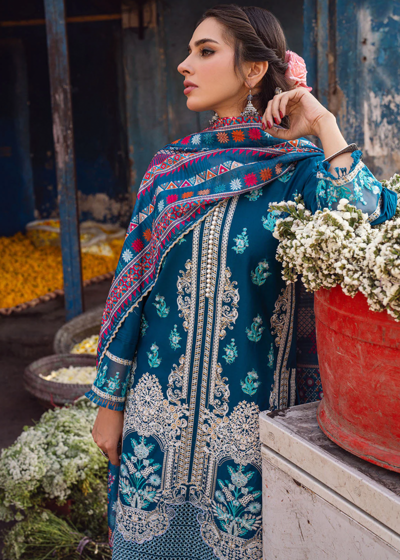 Sahane Sahakari Luxury Lawn | Dark Blue | Unstitched | Party wear | Cotton Net Dupatta | CT10005 Gulzaar - Image 3