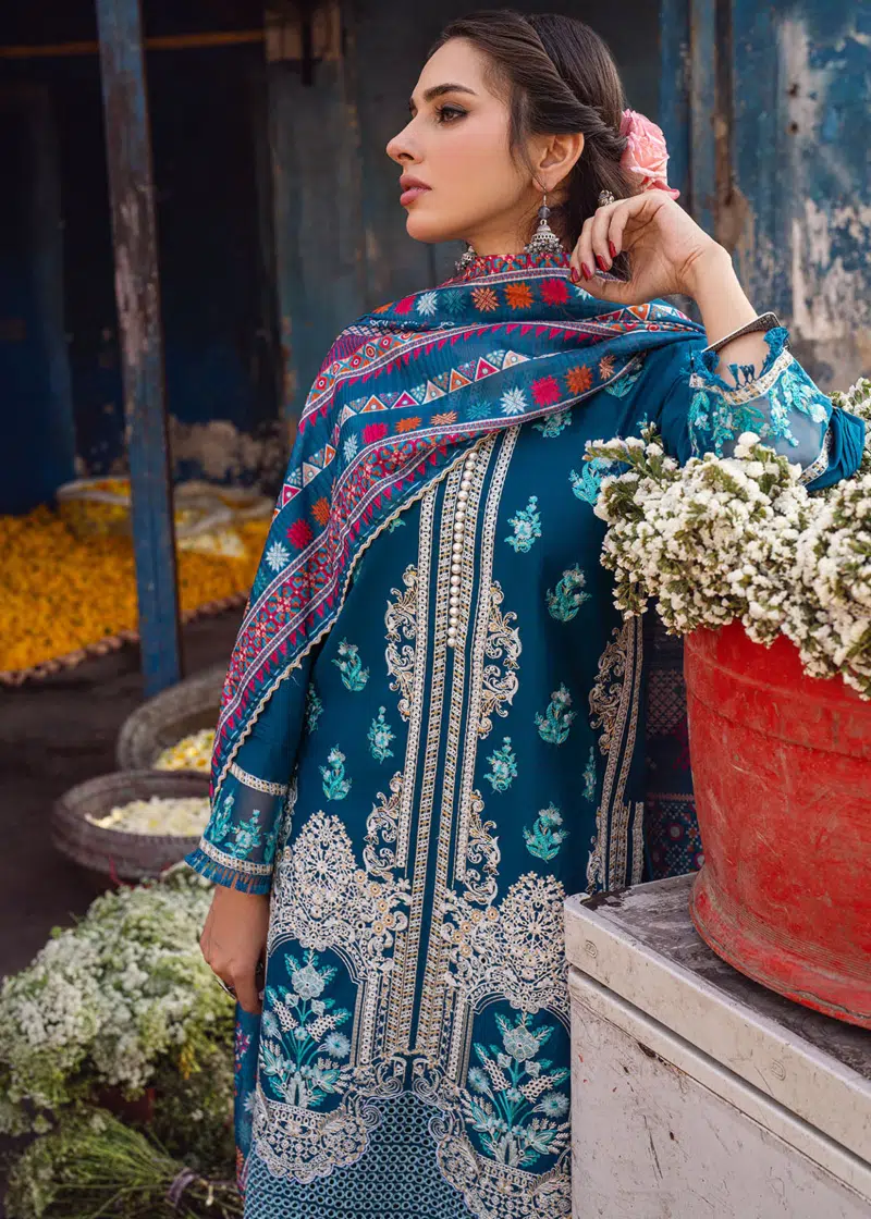 Sahane Sahakari Luxury Lawn | Dark Blue | Unstitched | Party wear | Cotton Net Dupatta | CT10005 Gulzaar - Image 3