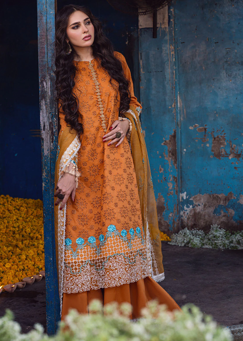Sahane Sahakari Luxury Lawn | Mustard | Unstitched | Party wear | Cotton Net Dupatta | CT10002 Mashal - Image 3