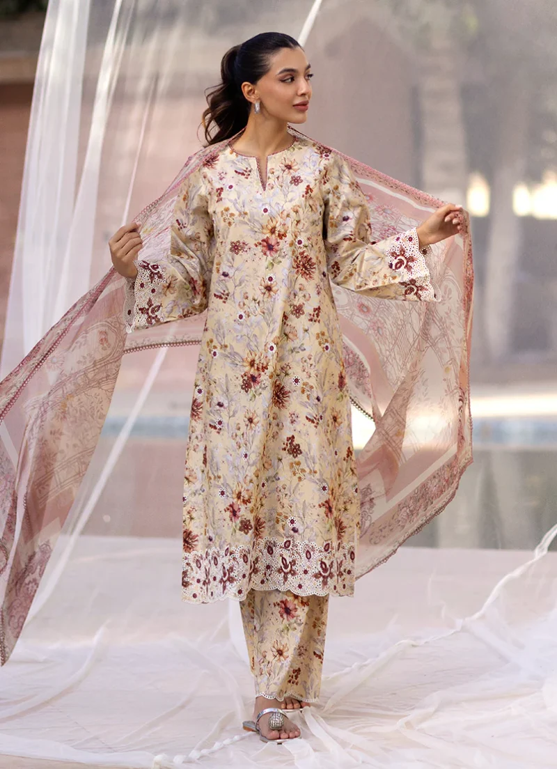 Image | Summer Essence '25 | Embroidered Printed Suit | Cotton | Cream | Stitched | 3 pc set.