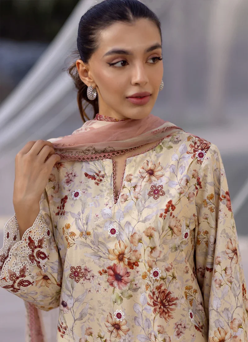 Image | Summer Essence '25 | Embroidered Printed Suit | Cotton | Cream | Stitched | 3 pc set. - Image 3