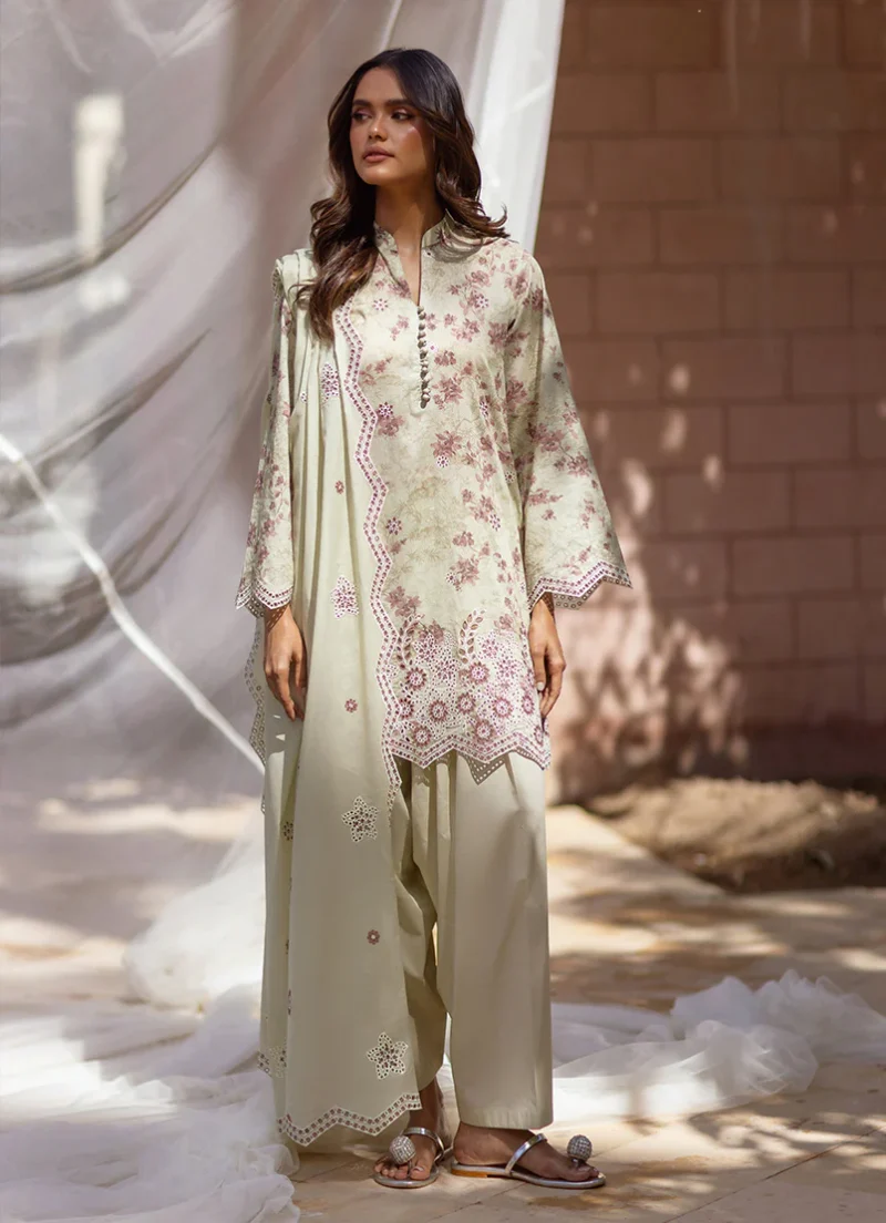 Image | Summer Essence '25 | Embroidered Printed Suit | Cotton | Light Olive | Stitched | 3 pc set.