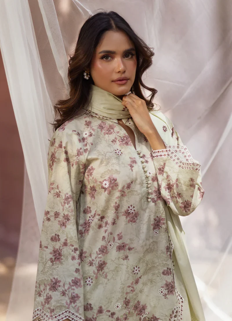 Image | Summer Essence '25 | Embroidered Printed Suit | Cotton | Light Olive | Stitched | 3 pc set. - Image 3
