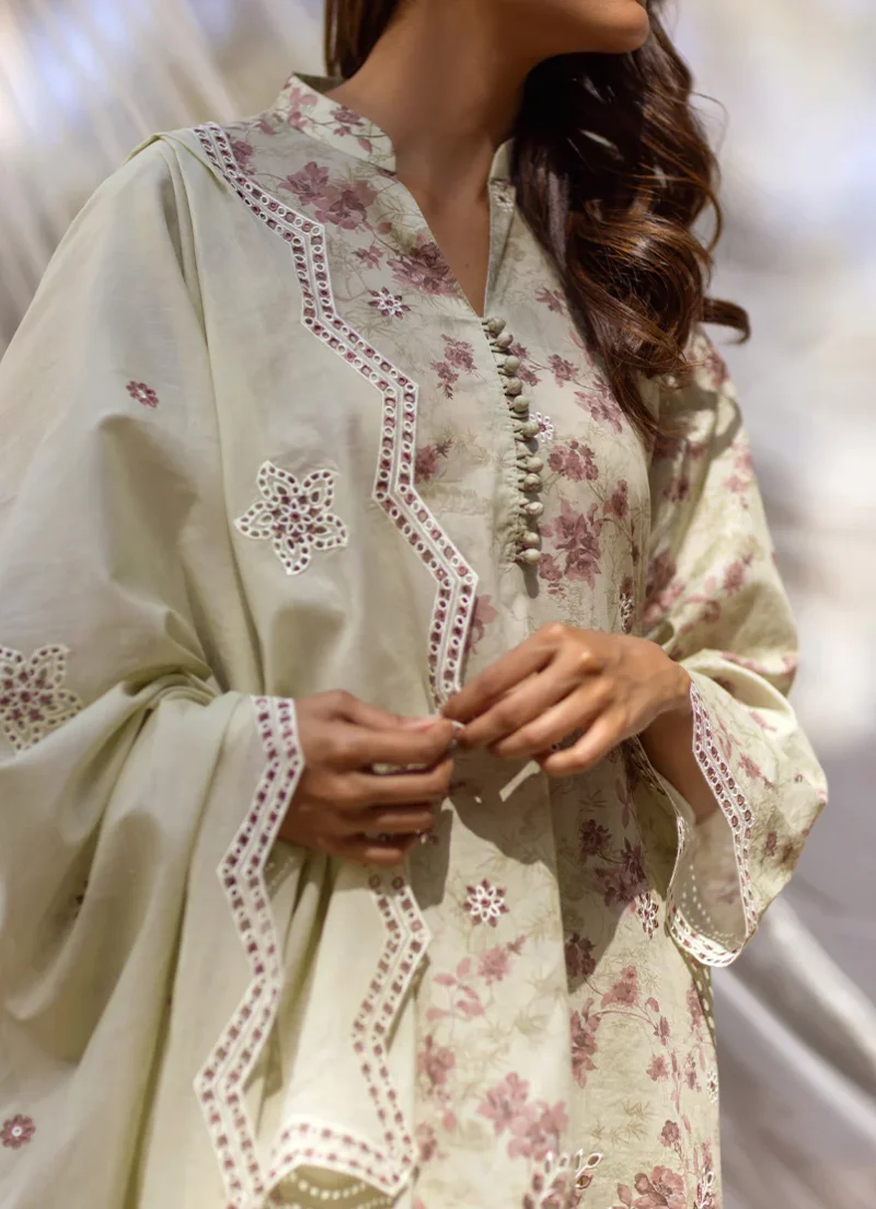 Image | Summer Essence '25 | Embroidered Printed Suit | Cotton | Light Olive | Stitched | 3 pc set. - Image 4