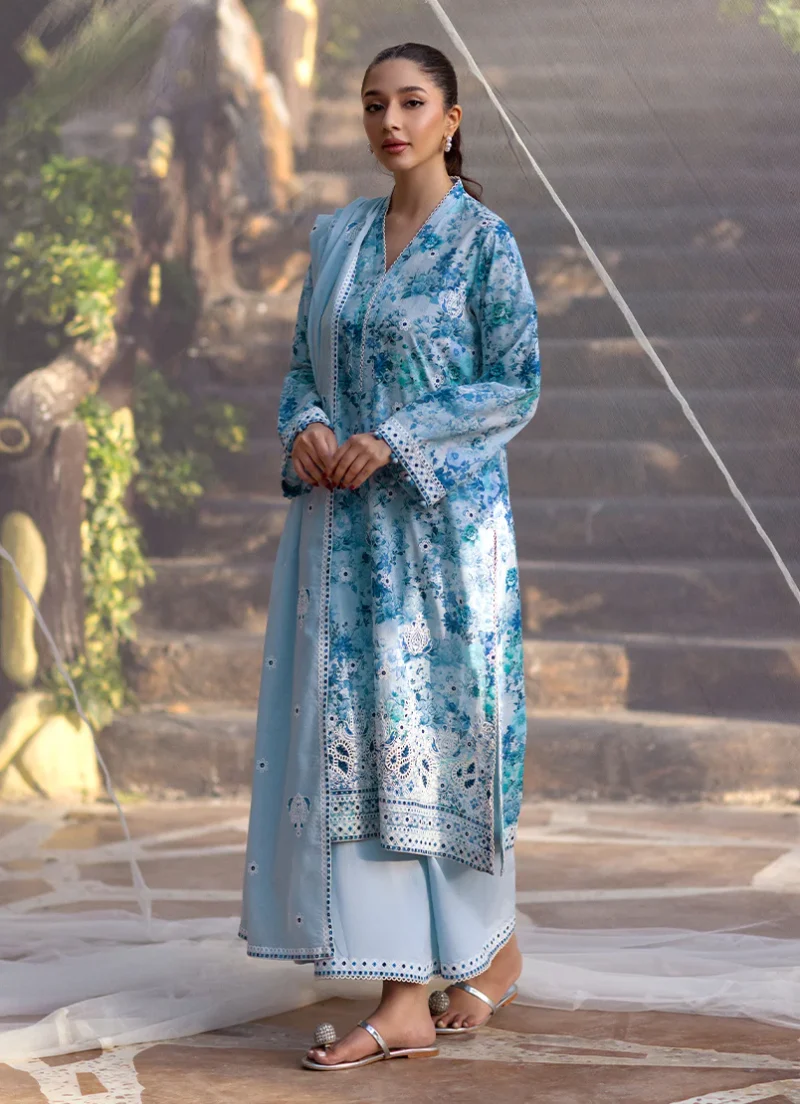 Image | Summer Essence '25 | Embroidered Printed Suit | Cotton | Blue | Stitched | 3 pc set.