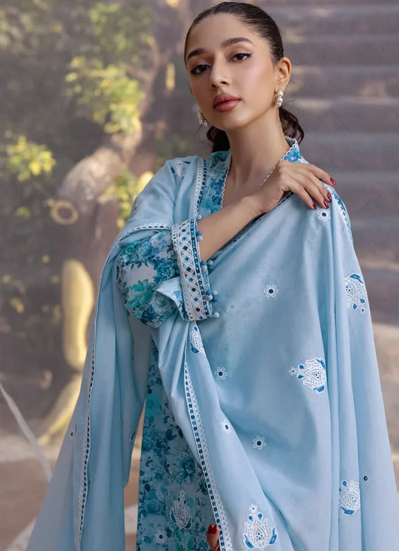 Image | Summer Essence '25 | Embroidered Printed Suit | Cotton | Blue | Stitched | 3 pc set. - Image 4
