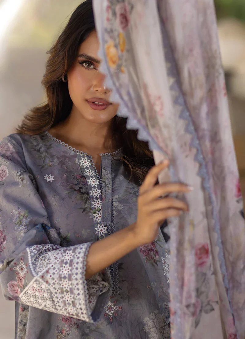 Image | Summer Essence '25 | Embroidered Printed Suit | Cotton | Grey | Stitched | 3 pc set. - Image 2