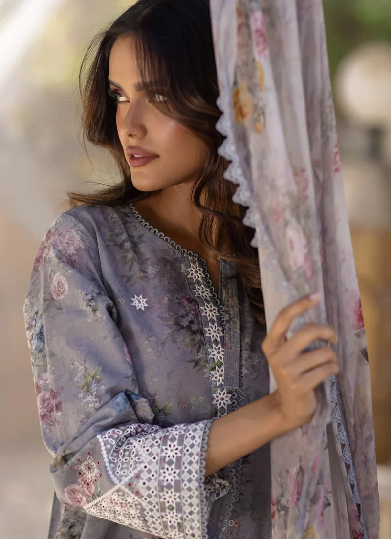 Image | Summer Essence '25 | Embroidered Printed Suit | Cotton | Grey | Stitched | 3 pc set. - Image 3
