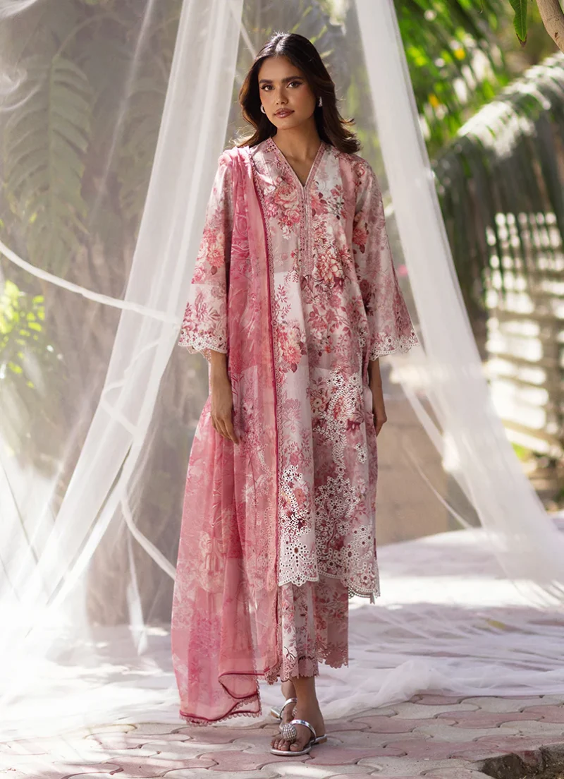 Image | Summer Essence '25 | Embroidered Printed Suit | Cotton | Rose Pink | Stitched | 3 pc set.