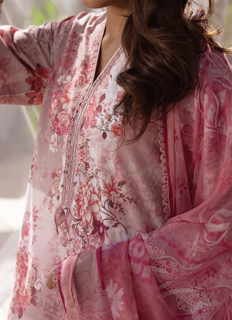 Image | Summer Essence '25 | Embroidered Printed Suit | Cotton | Rose Pink | Stitched | 3 pc set. - Image 3