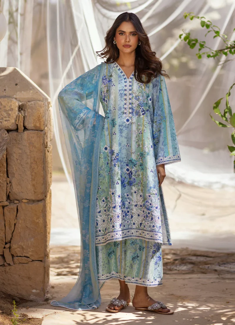 Image | Summer Essence '25 | Embroidered Printed Suit | Cotton | Sea Blue | Stitched | 3 pc set.