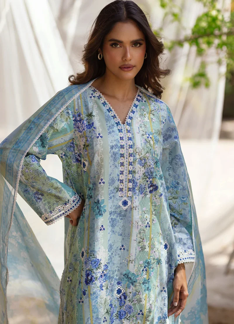 Image | Summer Essence '25 | Embroidered Printed Suit | Cotton | Sea Blue | Stitched | 3 pc set. - Image 3