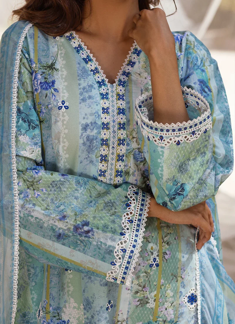 Image | Summer Essence '25 | Embroidered Printed Suit | Cotton | Sea Blue | Stitched | 3 pc set. - Image 4