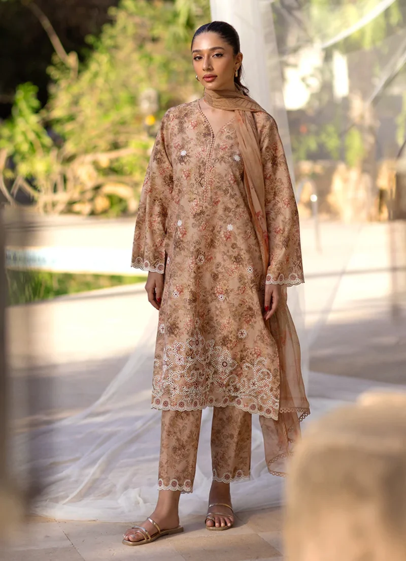 Image | Summer Essence '25 | Embroidered Printed Suit | Cotton | Light Brown | Stitched | 3 pc set.