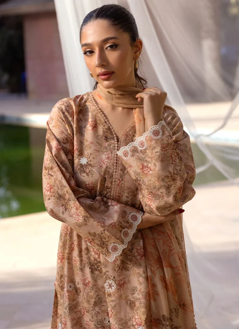 Image | Summer Essence '25 | Embroidered Printed Suit | Cotton | Light Brown | Stitched | 3 pc set. - Image 3