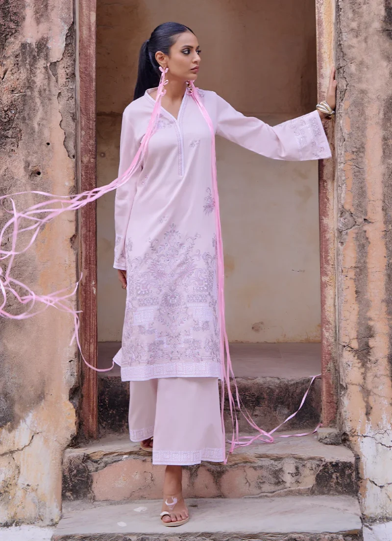 Image | Eid Collection ‘25 | Embroidered Co-ord Set | Powder Pink | Stitched. - Image 3