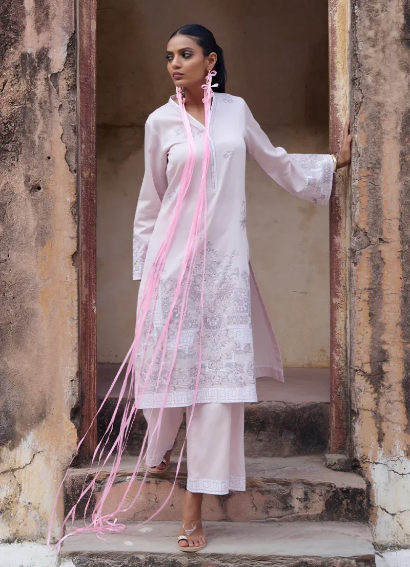 Image | Eid Collection ‘25 | Embroidered Co-ord Set | Powder Pink | Stitched. - Image 4