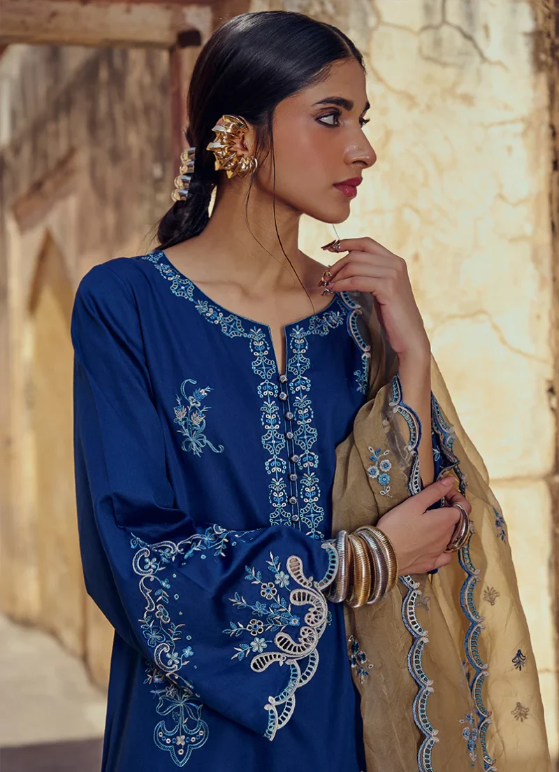 Image | Eid Collection ‘25 | Luxury Embroidered Suit | Blue | Stitched | 3 pc set. - Image 3