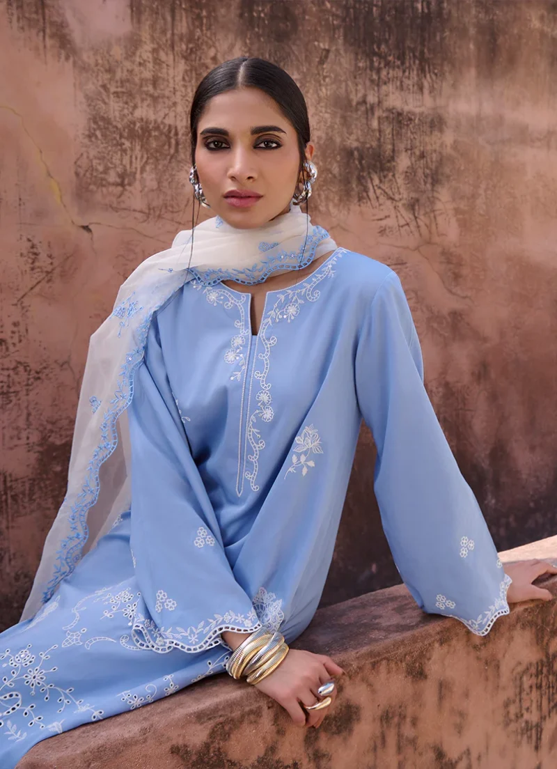 Image | Eid Collection ‘25 | Luxury Embroidered Suit | Blue | Stitched | 3 pc set. - Image 3