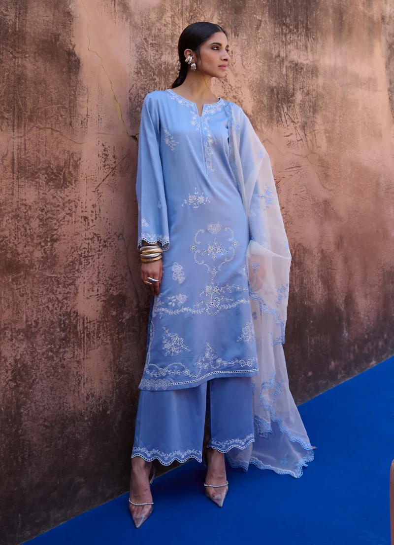 Image | Eid Collection ‘25 | Luxury Embroidered Suit | Blue | Stitched | 3 pc set. - Image 4