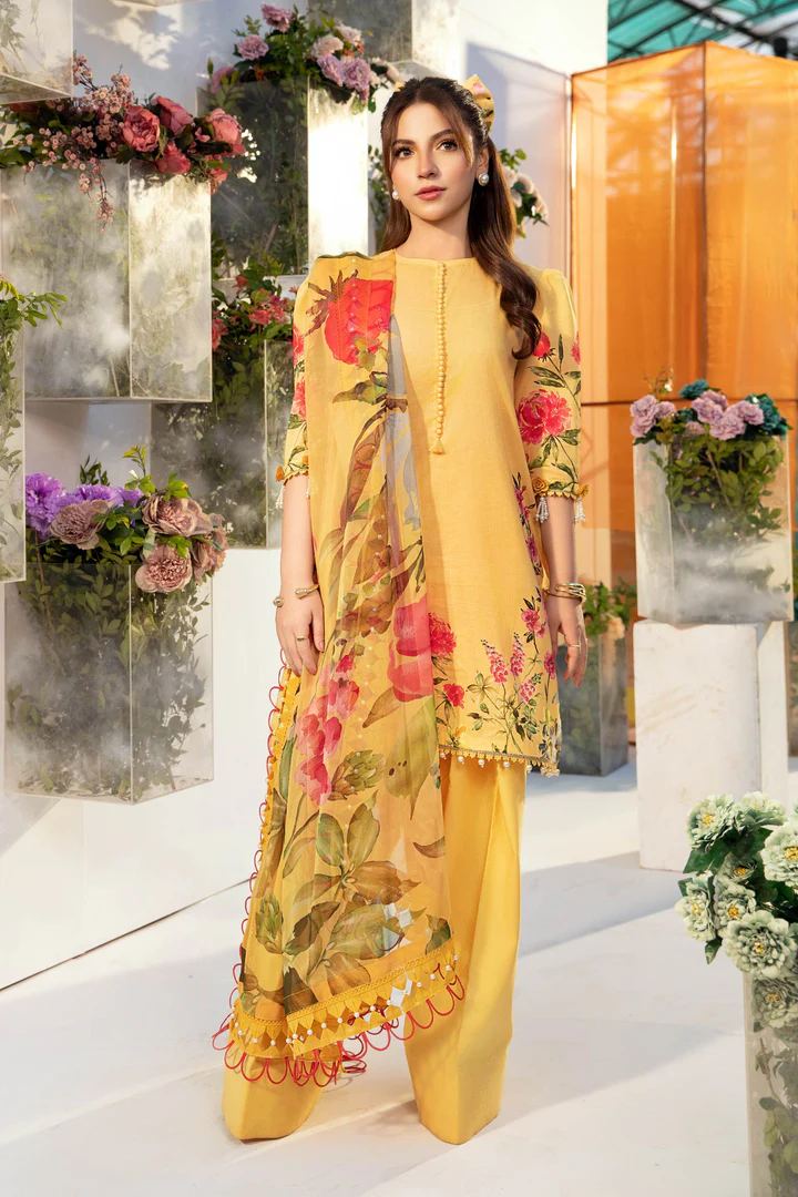 Maria B | M Basics | Lawn | Unstitched | Yellow | Feastive Wear | 701A | 3 pc set.