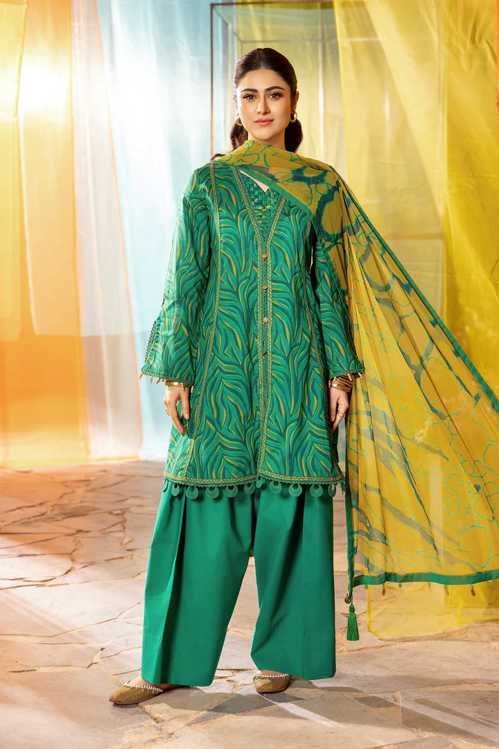 Maria B | M Basics | Lawn | Unstitched | Green / Yellow | Feastive Wear | 704A | 3 pc set.