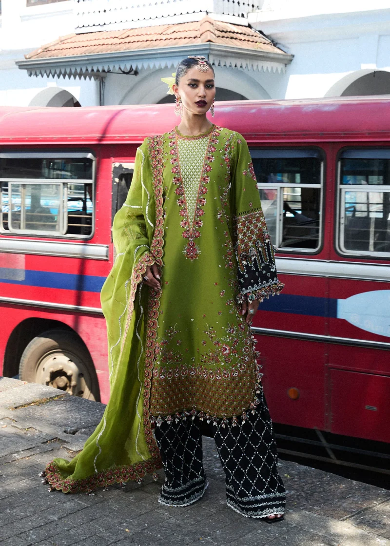 Hussain Rehar | luxury lawn25 | Olive Green  | Unstitched | Festive wear | Abass | 3pc set.