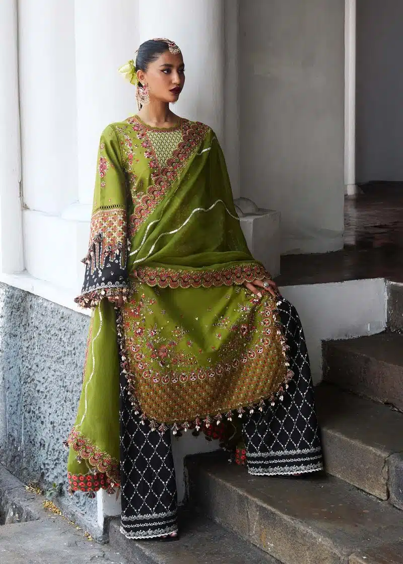Hussain Rehar | luxury lawn25 | Olive Green  | Unstitched | Festive wear | Abass | 3pc set. - Image 2
