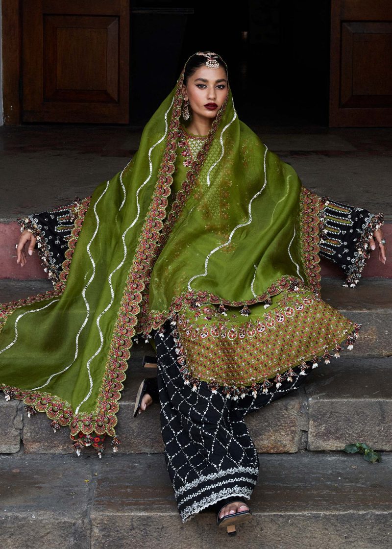 Hussain Rehar | luxury lawn25 | Olive Green  | Unstitched | Festive wear | Abass | 3pc set. - Image 3