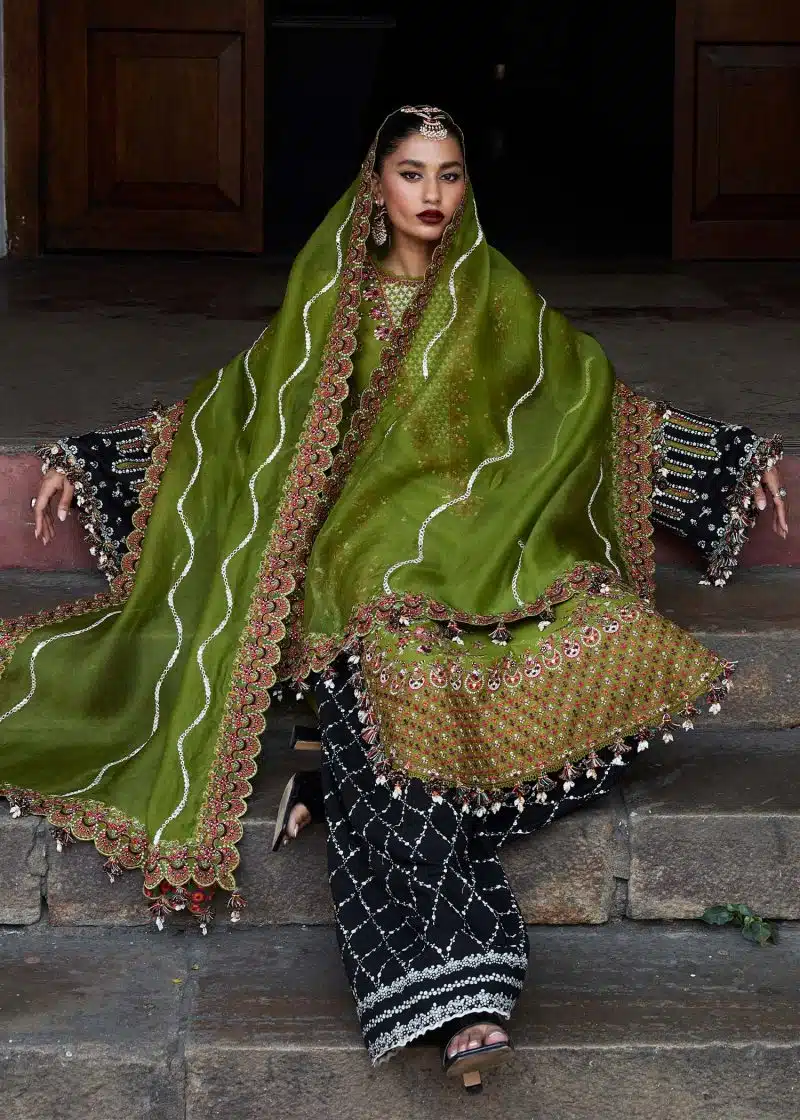 Hussain Rehar | luxury lawn25 | Olive Green  | Unstitched | Festive wear | Abass | 3pc set. - Image 3