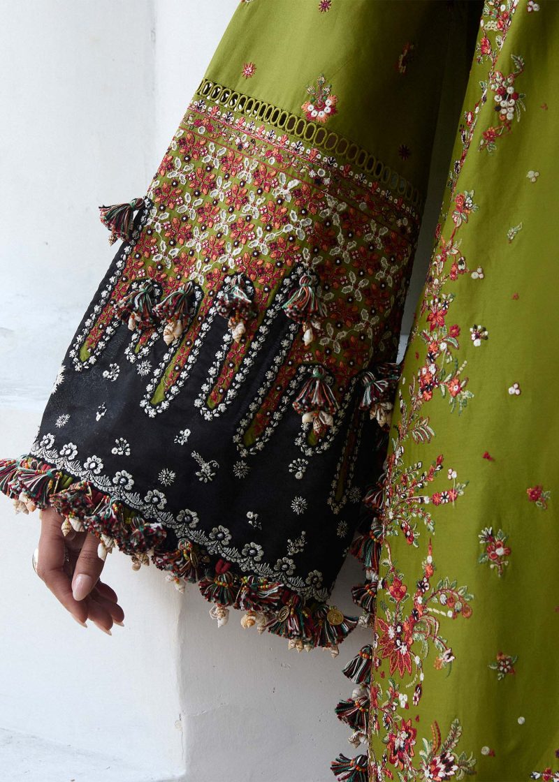 Hussain Rehar | luxury lawn25 | Olive Green  | Unstitched | Festive wear | Abass | 3pc set. - Image 4