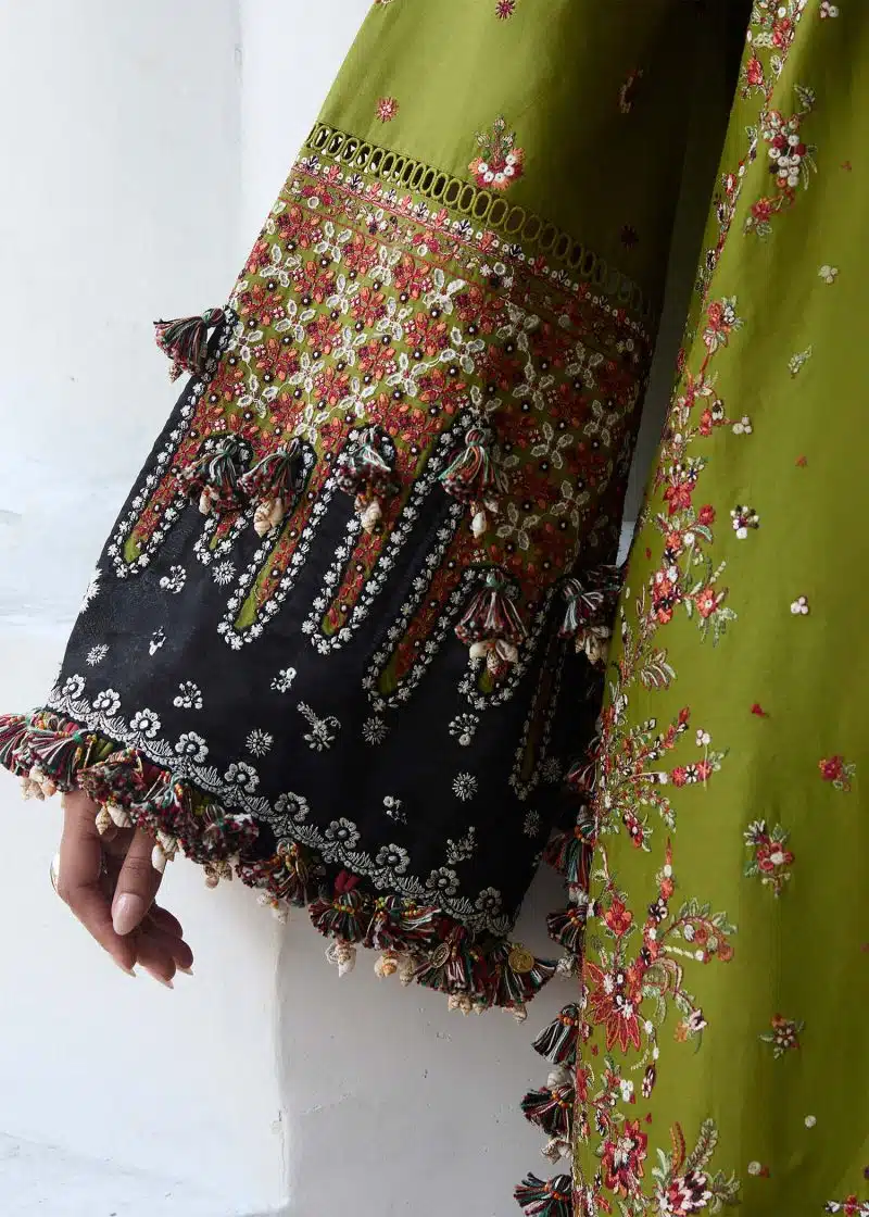 Hussain Rehar | luxury lawn25 | Olive Green  | Unstitched | Festive wear | Abass | 3pc set. - Image 4