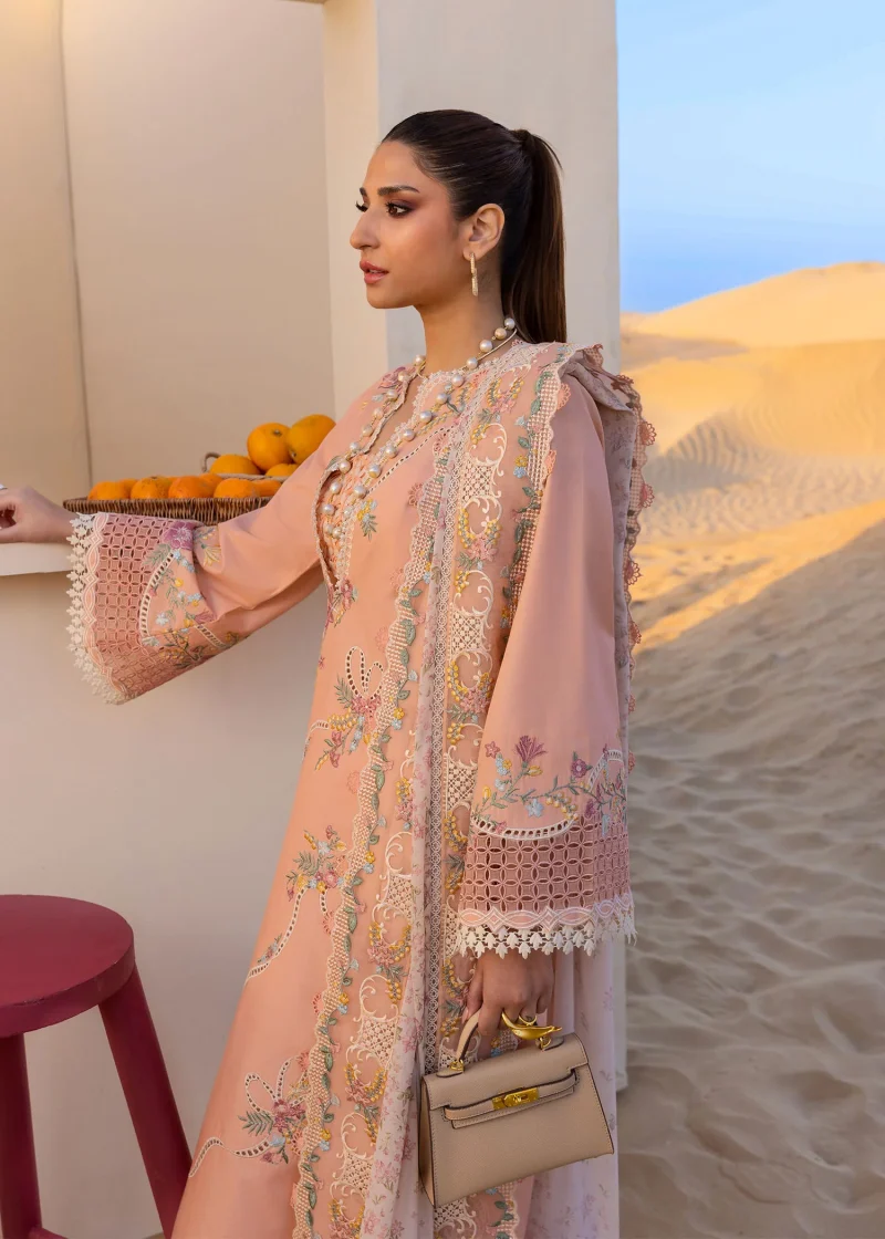 Crimson | Flow By Crimson Lawn 25 | Peachy Pink | Unstitched | Festive wear | Twirls And Ties | D8 A | 3pc set.