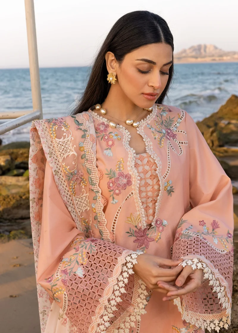 Crimson | Flow By Crimson Lawn 25 | Peachy Pink | Unstitched | Festive wear | Twirls And Ties | D8 A | 3pc set. - Image 2