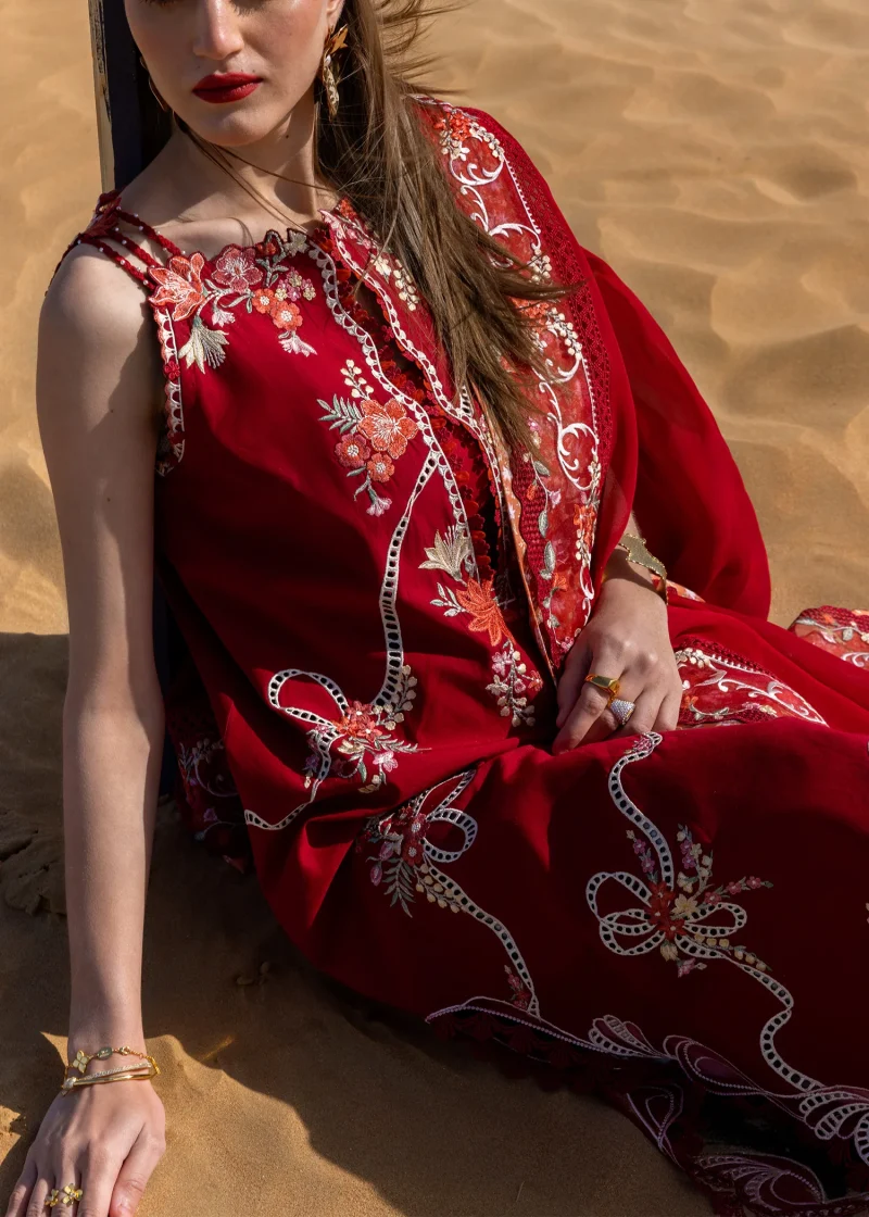 Crimson | Flow By Crimson Lawn 25 | Cherry Red | Unstitched | Festive wear | Twirls And Ties | D8 B | 3pc set. - Image 2