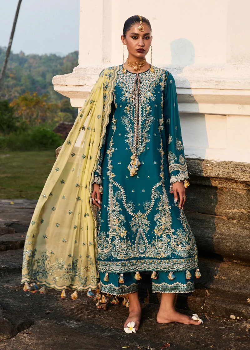 Hussain Rehar | luxury lawn25 | Teal Blue  | Unstitched | Festive wear | Eupic | 3pc set.