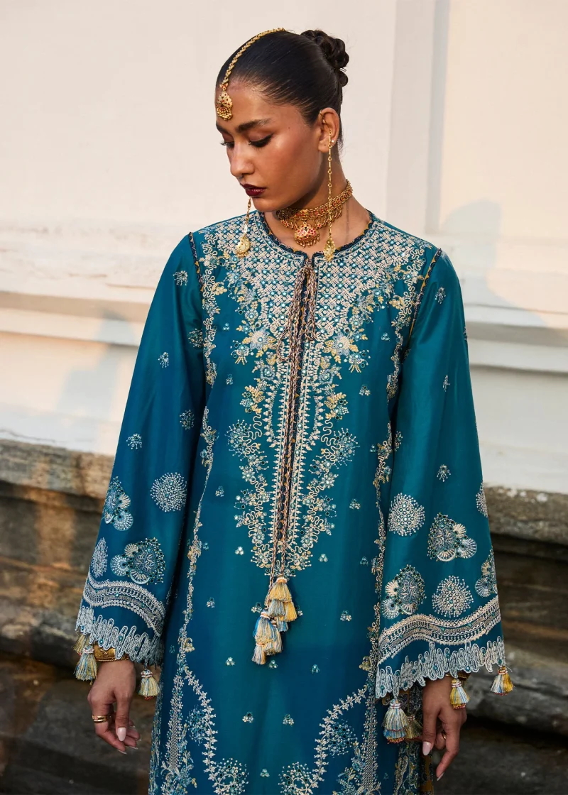 Hussain Rehar | luxury lawn25 | Teal Blue  | Unstitched | Festive wear | Eupic | 3pc set. - Image 2
